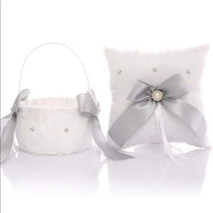 Silver Gray Wedding Bridal Ring Bearer Pillow Flower Girl Basket Set for Wedding